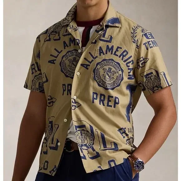NWT Polo by Ralph Lauren Linen Camp Shirt Size Medium American Prep Spellout‎